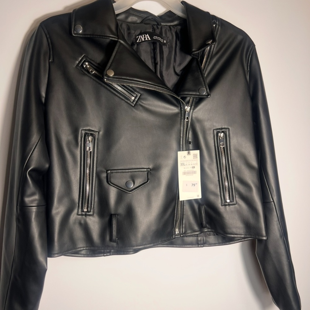 Zara Black Faux Leather Moto Jacket NWT XXL